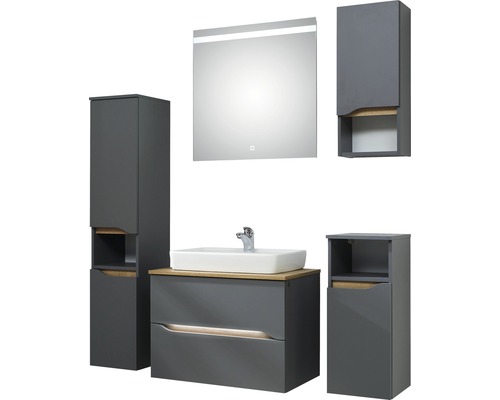 Badezimmermöbel-Set mit Waschbecken, Unterschrank, Spiegelschrank und Hochschränken