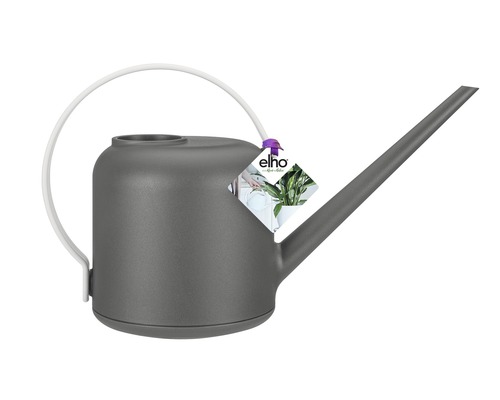 Graue Gießkanne mit weißem Griff und langem Auslauf.