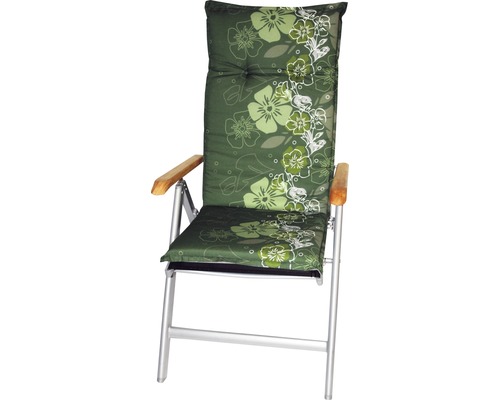 Gartensessel mit grüner Auflage mit Blumenmuster