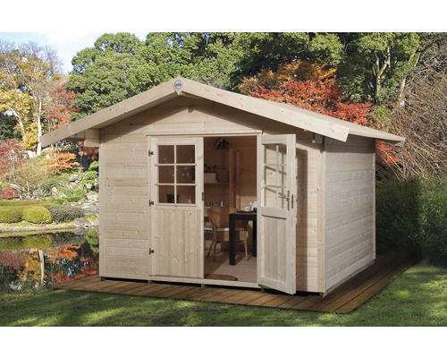 Gartenhaus weka Lesina mit Fußboden 344 x 370 cm natur Gartenhaus aus Holz mit Doppeltür und Fenstern im Garten