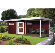 Modernes Gartenhaus mit überdachter Terrasse und Gartenmöbeln