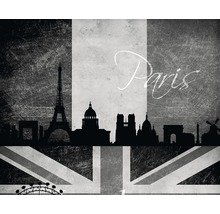 Grafik mit der Skyline von Paris auf einem Hintergrund mit den Flaggen von Frankreich und Grobritannien