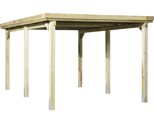 Holzunterstand mit Holzpfosten und rechteckiger Dachkonstruktion