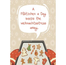 Illustration mit Weihnachtsplätzchen auf einem Backblech und dem Spruch: Ein Plätzchen am Tag hält den Weihnachtsstress fern.