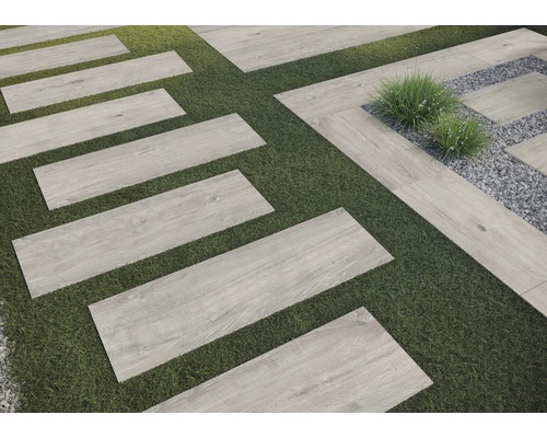 FLAIRSTONE Feinsteinzeug Terrassenplatte Wood Light Grey rektifizierte Kante 120 cm x 40 cm x 2 cm