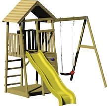 Spielturm Biene Holz mit Kletterwand, Schaukel, Sandkasten und Rutsche gelb