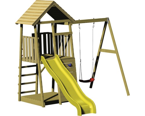 Spielturm Biene Holz mit Kletterwand, Schaukel, Sandkasten und Rutsche gelb Spielturm mit Rutsche und Schaukel für den Außenbereich