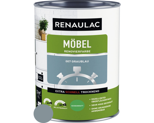 RENAULAC Möbellack Holzlack seidenmatt graublau 1 L Farbdose Renaulac Möbellack 007 Graublau