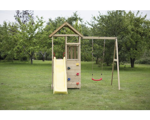 Spielturm mit Rutsche, Kletterwand und Schaukel für den Garten