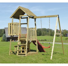 Spielturm Gorilla Holz mit Kletterwand, Schaukel, Sandkasten, Sitzbank und Rutsche rot-thumb-0