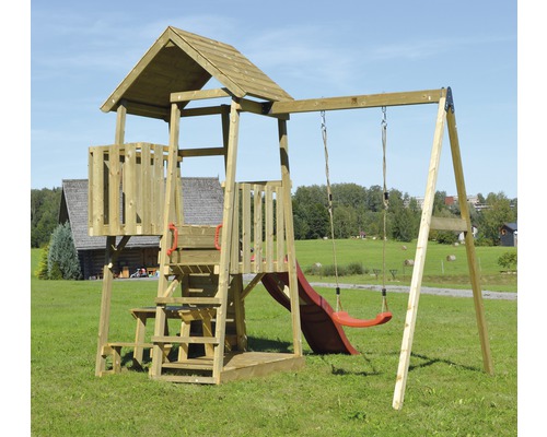 Spielturm Gorilla Holz mit Kletterwand, Schaukel, Sandkasten, Sitzbank und Rutsche rot-0