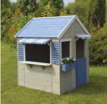 Kinderspielhaus aus Holz mit blauen Akzenten im Garten