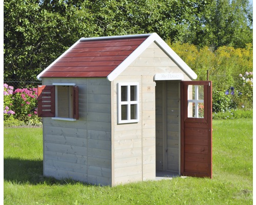 Spielhaus aus Holz mit Fenster und Tür im Garten