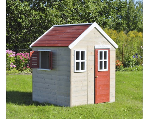 Spielhaus aus Holz mit Fenster und Tür im Garten