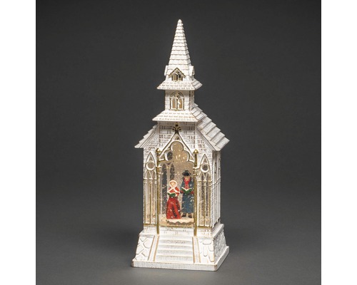 LED Wasserlaterne Konstsmide Kirche H 33 cm Lichtfarbe warmweiß batteriebetrieben inkl. 5 Stunden Timer Dekorative Schneekugel in Form einer Kirche mit Sängern