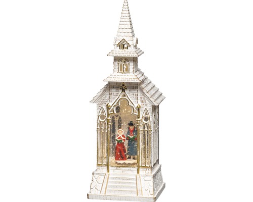 LED Wasserlaterne Konstsmide Kirche H 33 cm Lichtfarbe warmweiß batteriebetrieben inkl. 5 Stunden Timer Dekorative Kirche mit singenden Figuren und Schneefallfunktion als Weihnachtsdekoration