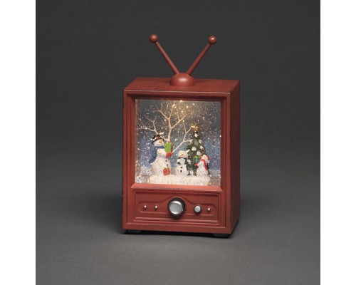 Dekorative Schneekugel mit Schneemann-Motiv in Fernsehform