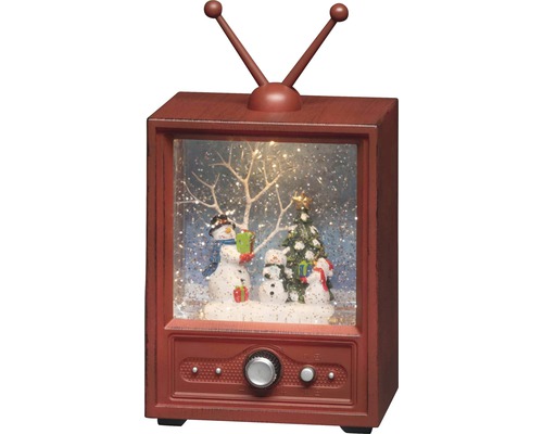 Schneekugel in Fernsehform mit Schneemann, Tannenbaum und Beleuchtung