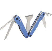 Blaues Multifunktionswerkzeug mit Säge, Axt und Messer