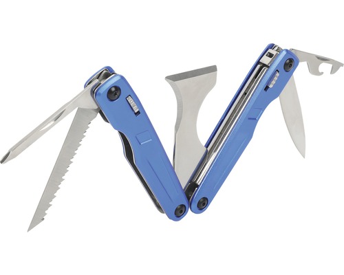 Blaues Multifunktionswerkzeug mit Säge, Axt und Messer
