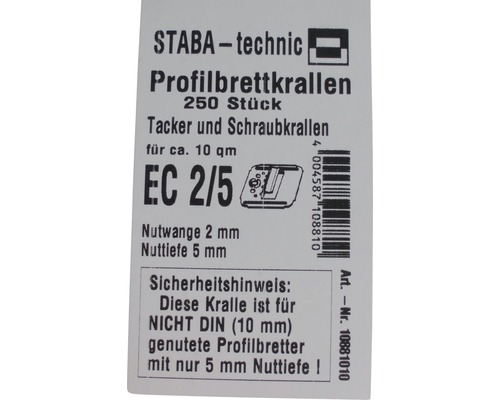 Etikett mit Informationen zu Profilbrettkrallen von Staba-Technic, 250 Stück