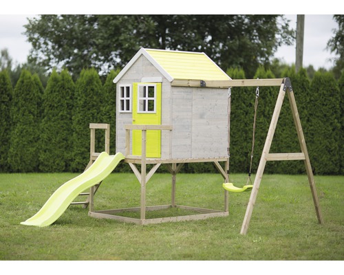 Spielhaus aus Holz mit Rutsche und Schaukel für den Garten