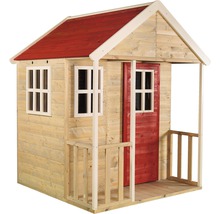Spielhaus aus Holz mit rotem Dach und Veranda