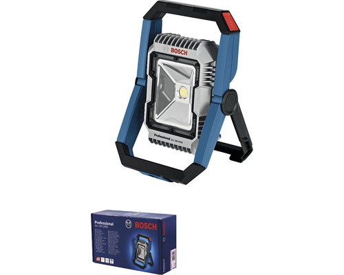 Bosch Logo, Baustrahler mit Tragegriff und Produktverpackung