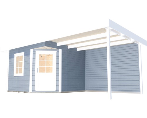 Blockbohlenhaus mit Fenster, Tür und Anbau