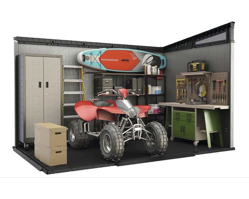 Geräumiger Geräteschuppen mit Aufbewahrungssystemen, Werkbank und Quad