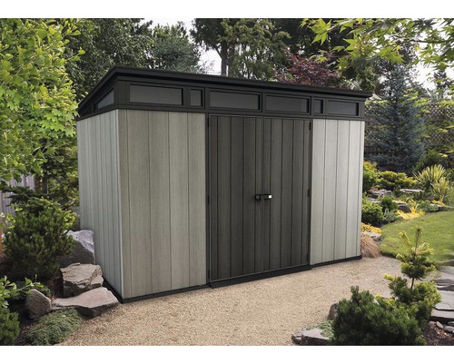 Gartenhaus Keter Artisan 11x7 inkl. Fußboden 342 x 218 cm Holzoptik Gartenhaus mit Doppeltür und Oberlichtern im Garten