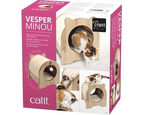 Katzenmöbel Vesper Minou mit Kratzfläche und Versteck in Produktverpackung