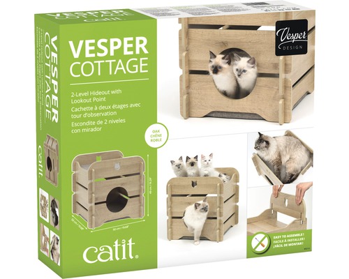 Vesper Cottage Katzenhaus aus Holz mit zwei Ebenen und Katzen