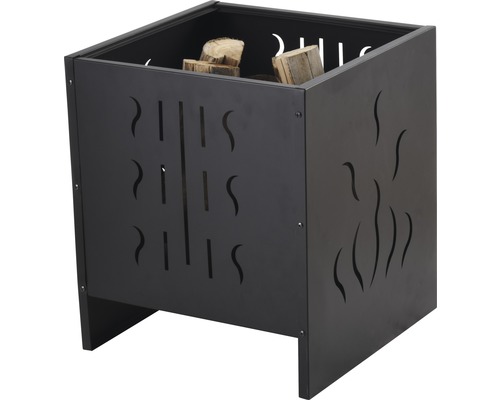 Brennholzregal aus Metall mit Flammenmuster und Holz