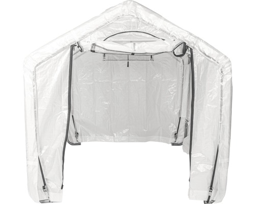 Transparentes Gewächshaus mit geöffneten Reißverschlüssen