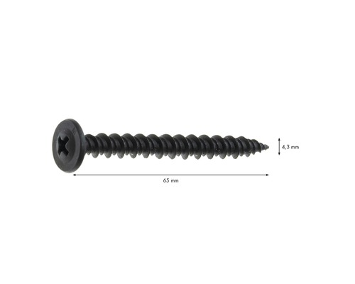 Knauf Universalschraube FN 4,3 mm x 65 mm Pack = 250 St Schwarze Schraube mit einem Durchmesser von 4,3 Millimetern und einer Länge von 65 Millimetern.