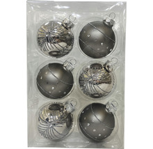 Sechs Christbaumkugeln mit Dekor in einer Verpackung