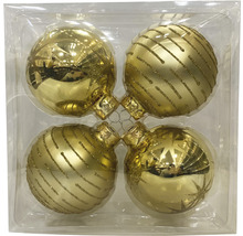 Vier goldene Weihnachtskugeln in einer transparenten Verpackung.