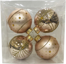 Vier dekorative Christbaumkugeln mit unterschiedlichen Mustern in einer Verpackung