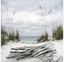 Strandszene mit Holzbarriere, Dünen und Meer