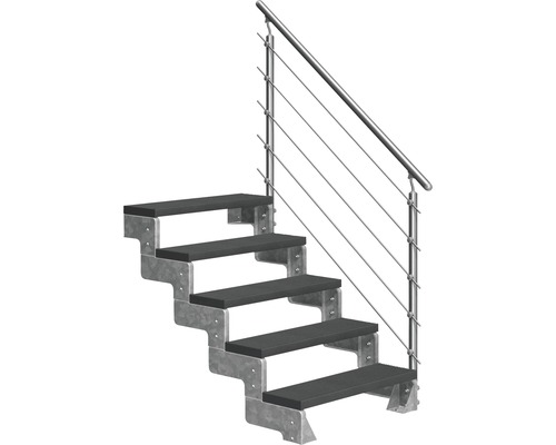 Aussentreppe Pertura Tallis mit Prova Geländer 5 Steigungen 100 cm anthrazit Treppe mit Stahlwangentreppe und Edelstahlgeländer