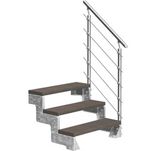 Außentreppe mit drei Stufen, Metallunterkonstruktion und Geländer mit Stahlseilen.