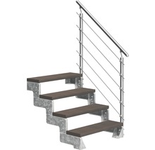 Treppe mit Geländer aus Metall und Holzstufen