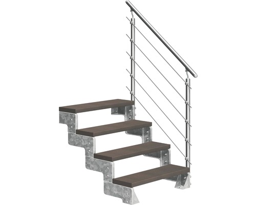 Aussentreppe Pertura Tallis mit Prova Geländer 4 Steigungen 100 cm dunkelbraun Treppe mit Geländer aus Metall und Holzstufen