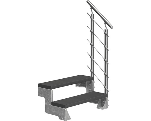 Aussentreppe Pertura Tallis mit Prova Geländer 2 Steigungen 80 cm anthrazit Zwei Stufen Treppe mit Metallgeländer