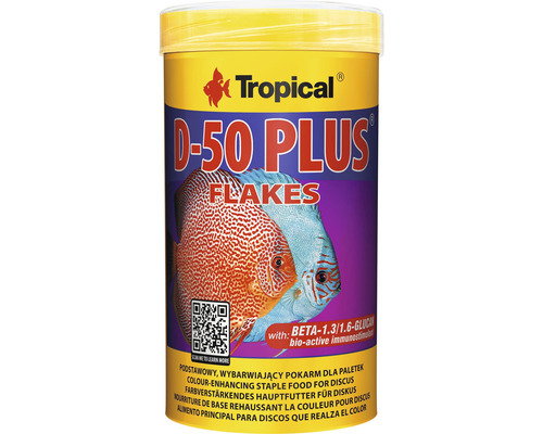 Flockenfutter Tropical D-50 Plus 250 ml Farbfutter Diskus Tropical D-50 Plus Diskusfutter Flocken in gelber Dose