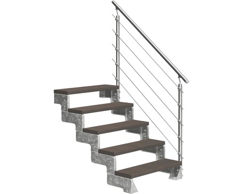 Aussentreppe Pertura Tallis mit Prova Geländer 5 Steigungen 80 cm dunkelbraun Treppe mit Holzstufen und Metallgeländer