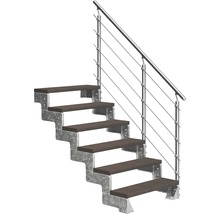 Treppe mit Holzstufen und Geländer aus rostfreiem Stahl