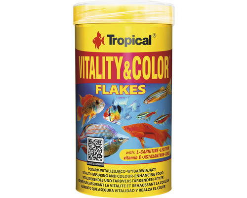 Flockenfutter Tropical Vitality & Color Flakes 250 ml Farbfutter Tropical Vitality und Color Flockenfutter für Fische in gelber Dose