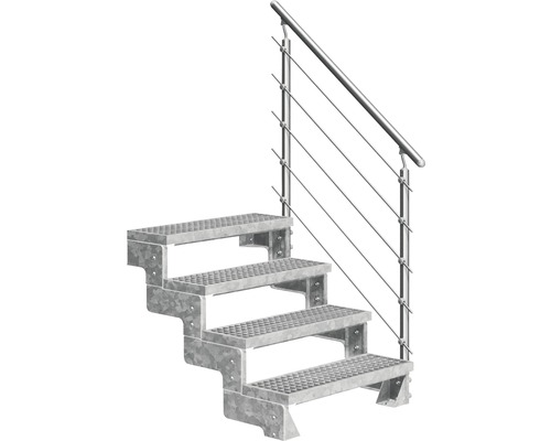 Aussentreppe Pertura Tallis mit Prova Geländer 4 Steigungen 80 cm Gitterrost Stahltreppe mit vier Stufen und Geländer